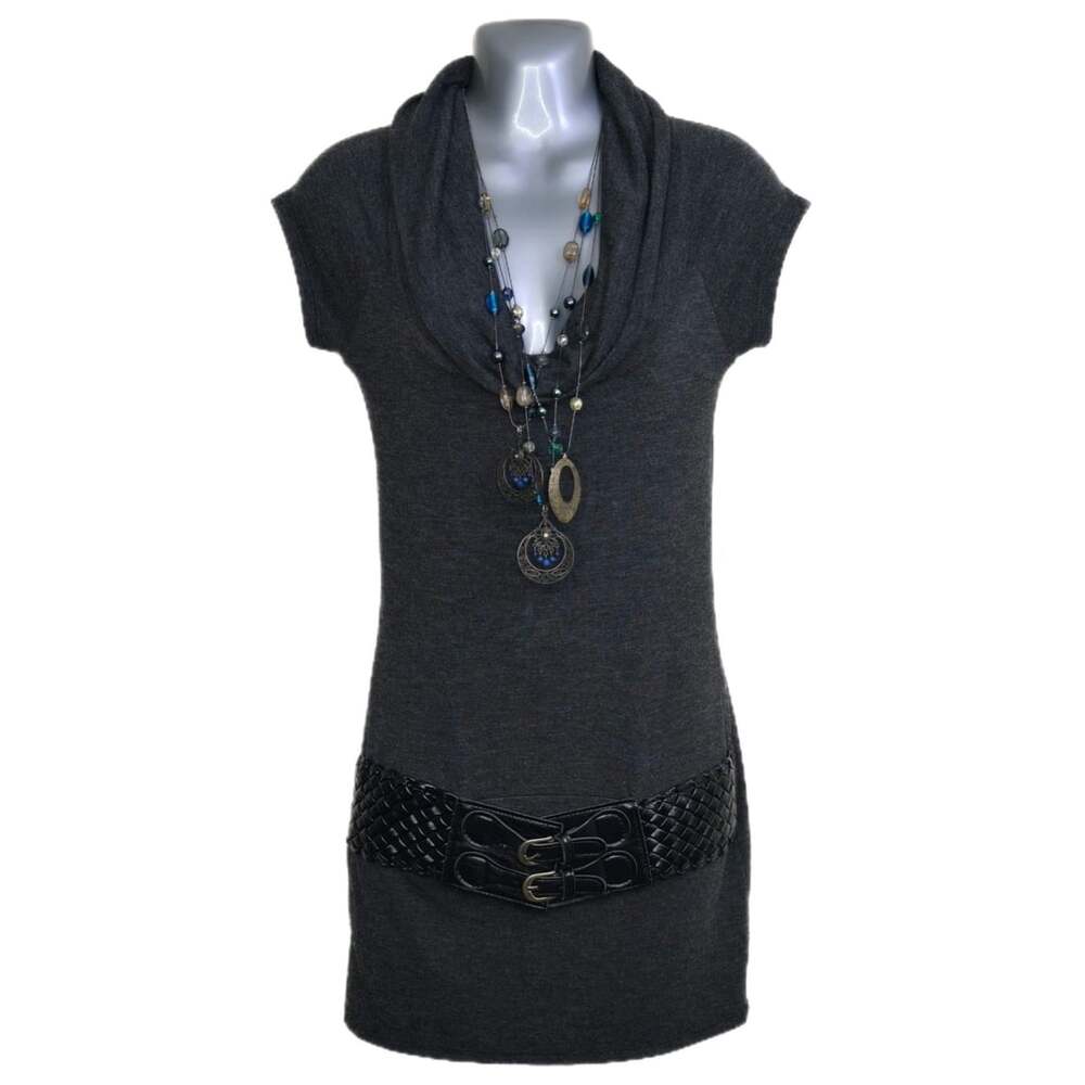 Bella D. Womens Gray Cowl Neck Mini Dress w/ Built-in Belt and Necklace M